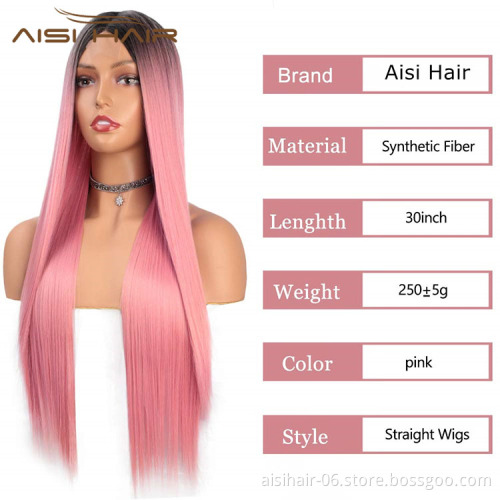 Aisi Hair Hotselling Party Wholesale Vendor Long Silky Straight Natural Wave Ombre Pink Wig For Black Women Synthetic Hair Wigs